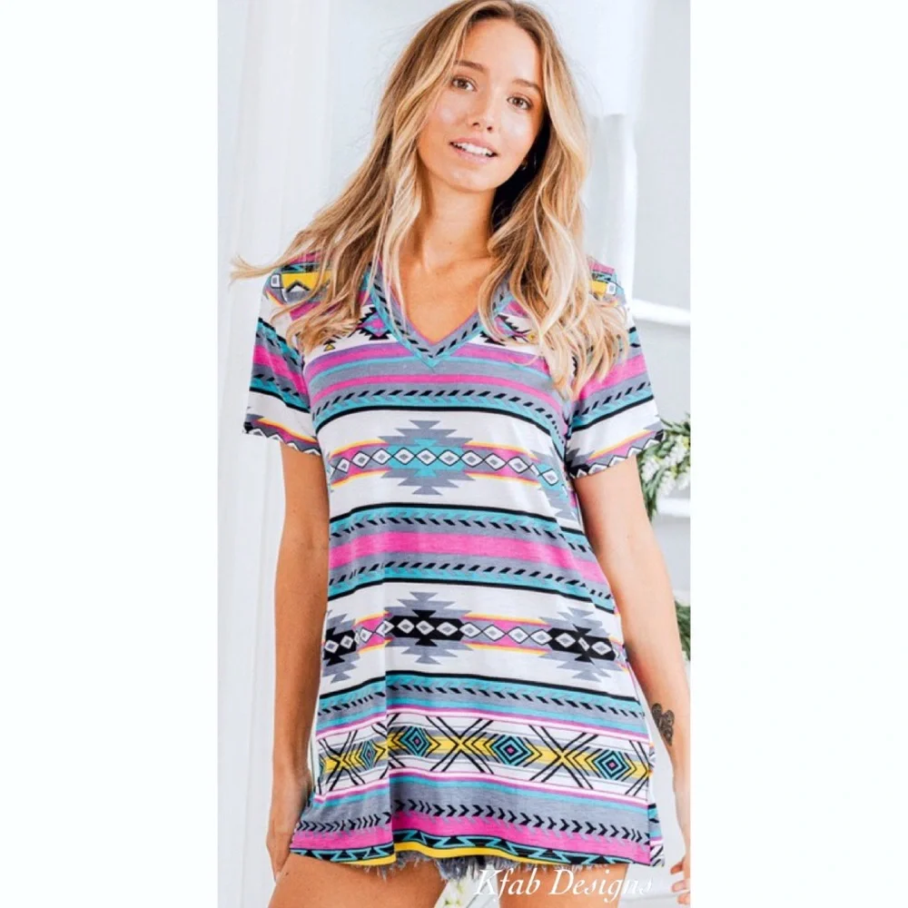 LAST 2! V Neck Aztec Print Blue Multi Top! - Picture 8 of 15